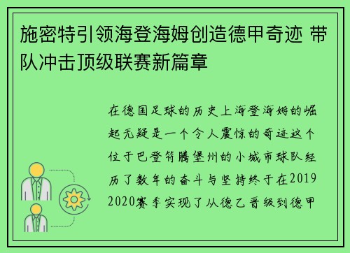 施密特引领海登海姆创造德甲奇迹 带队冲击顶级联赛新篇章